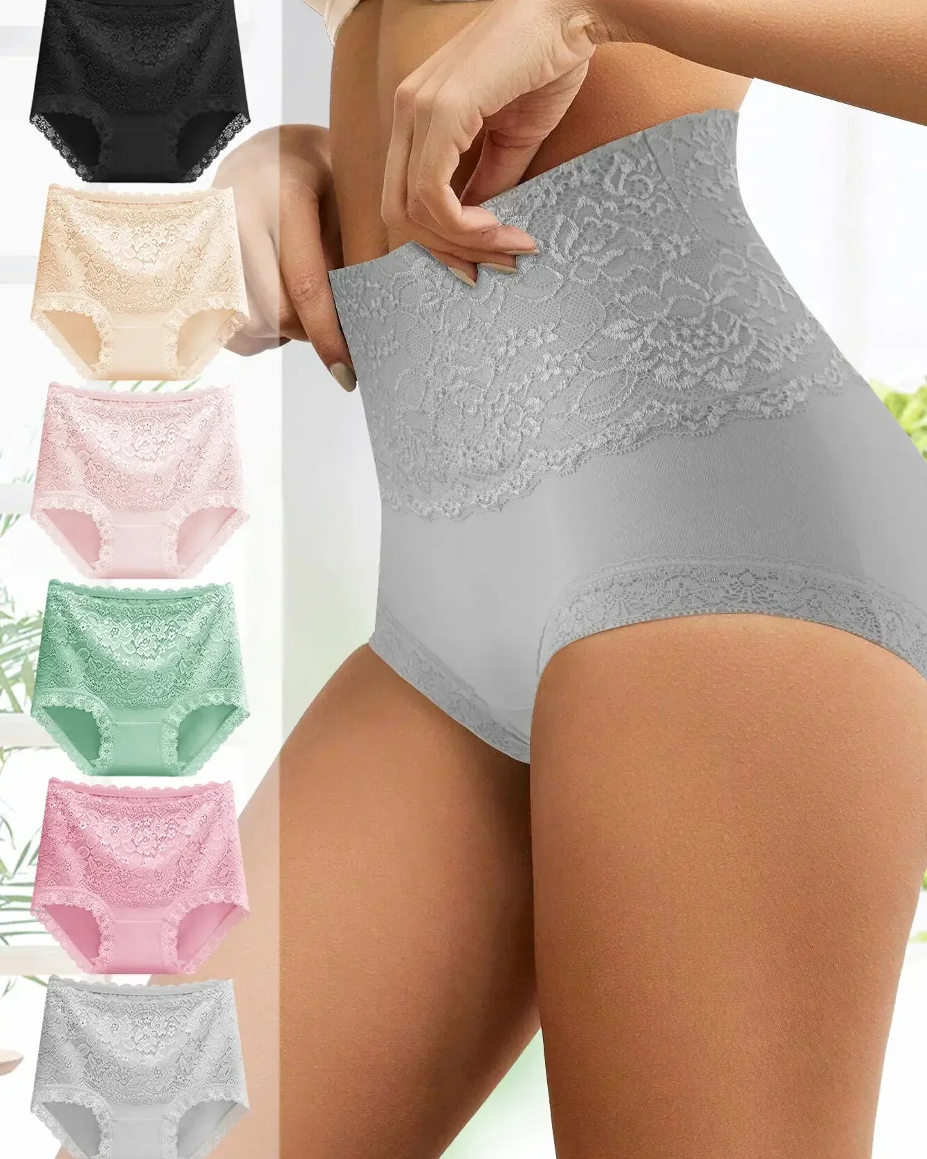 Women's Floral Lace High Waist Hip Lifting Cotton Briefs (3 Pack / 6 Pack) - Image 3