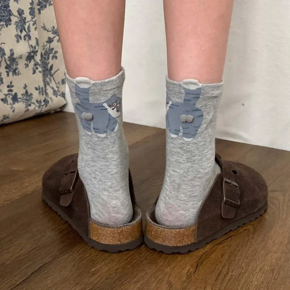 3 Pairs Cute Cat Socks with Pom Poms Soft Cotton - Image 4