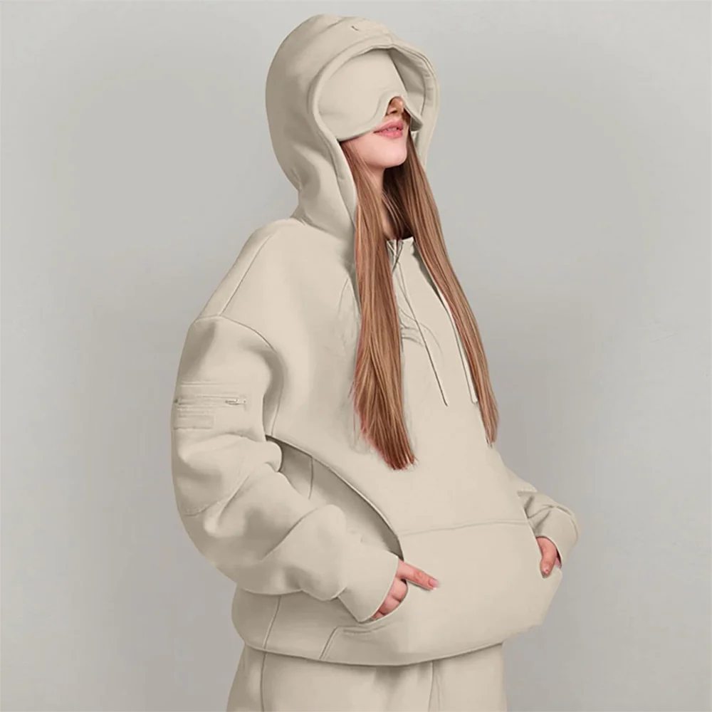 Airplane Model Travel Hoodie Eye Mask Built in Long Sleeve Oversized Sweatshirt - Image 12