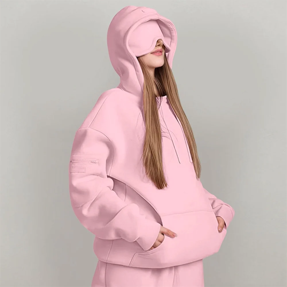 Airplane Model Travel Hoodie Eye Mask Built in Long Sleeve Oversized Sweatshirt - Image 7