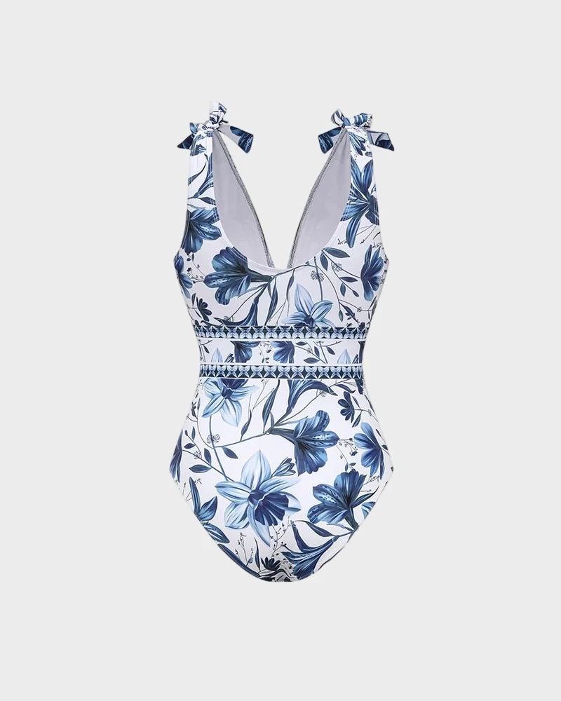 Blue Print Swimsuit Set with Cover Skirt V Neck Swimsuit Dress - Image 10