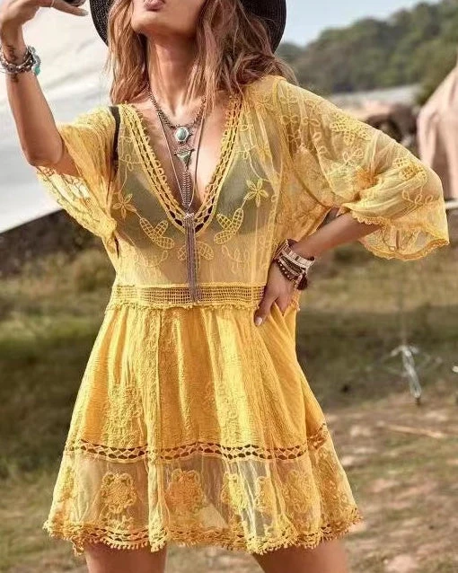 Boho Lace Beach Cover-Up Dress – V-Neck Sheer Swim Cover - Image 4