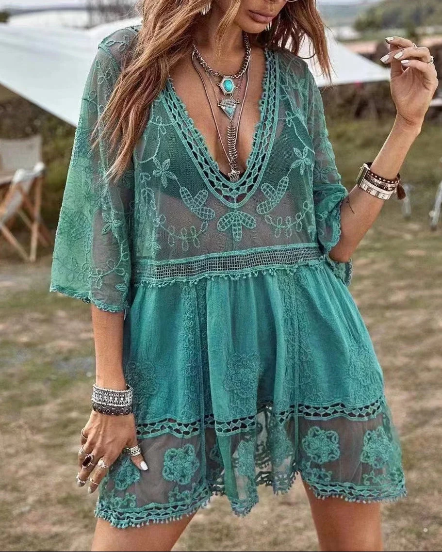 Boho Lace Beach Cover-Up Dress – V-Neck Sheer Swim Cover - Image 7