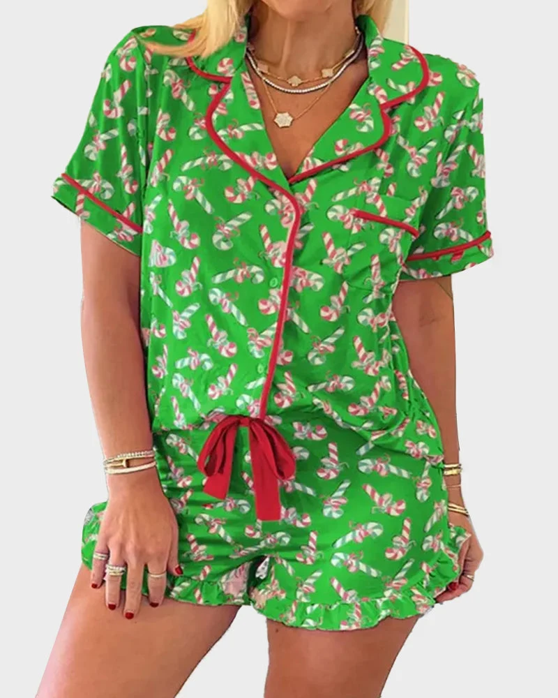 Christmas Candy Cane Print Pajama Short Set - Image 2
