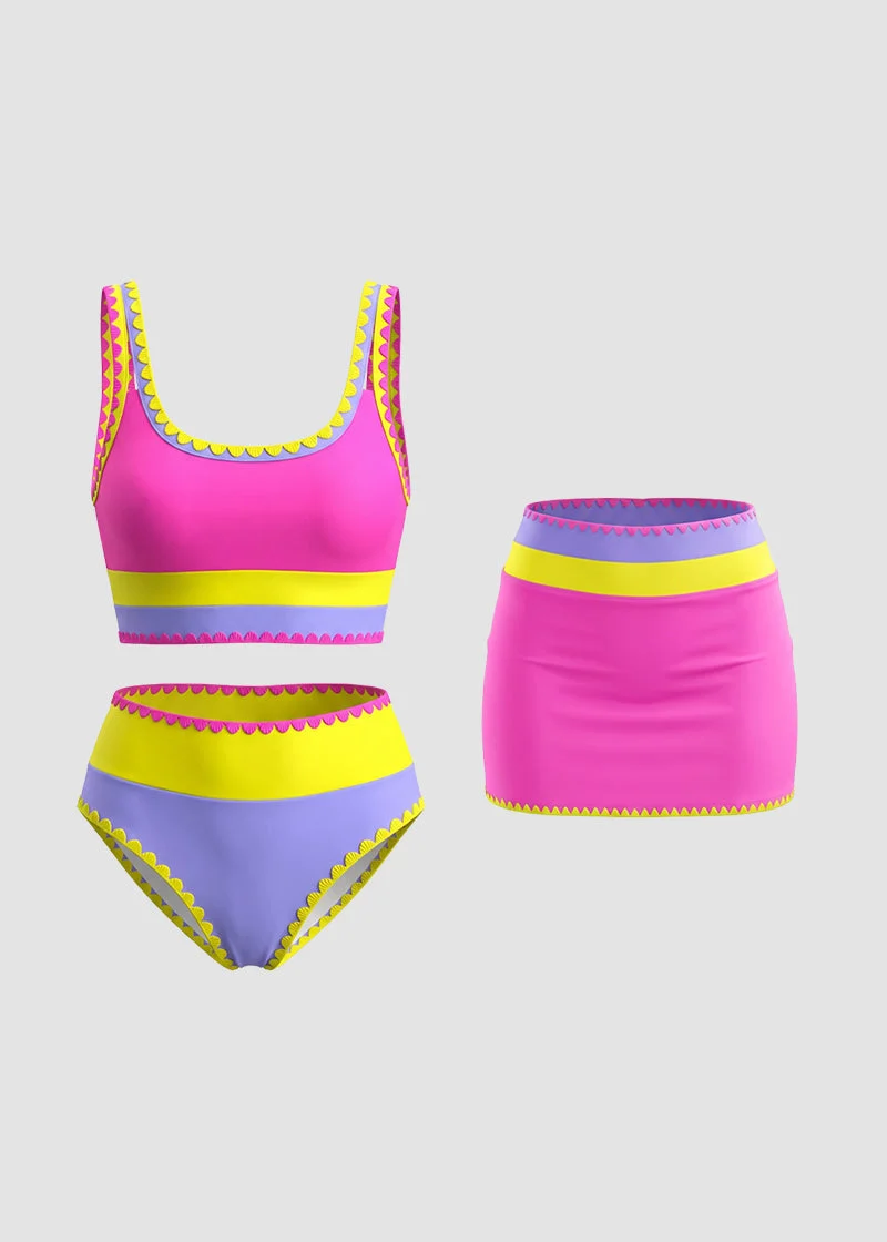 Color Contrast Patchwork Nylon Sporty 3 Piece Bikini Sets - Image 24