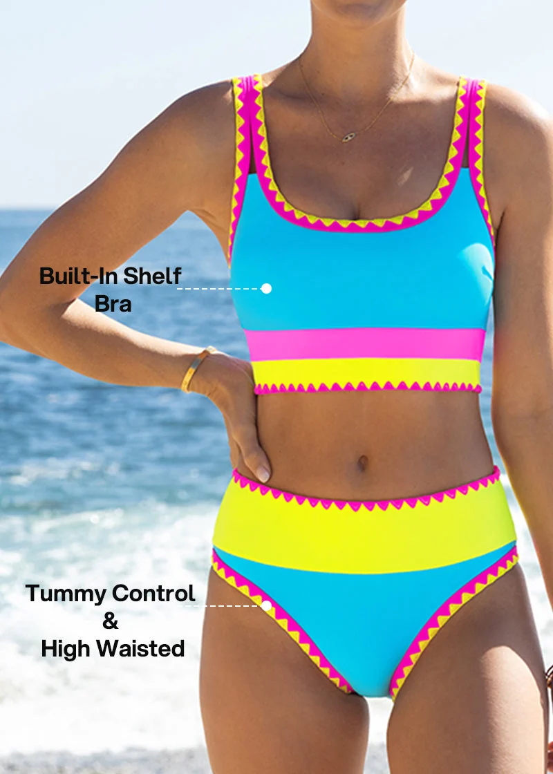 Color Contrast Patchwork Nylon Sporty 3 Piece Bikini Sets - Image 4