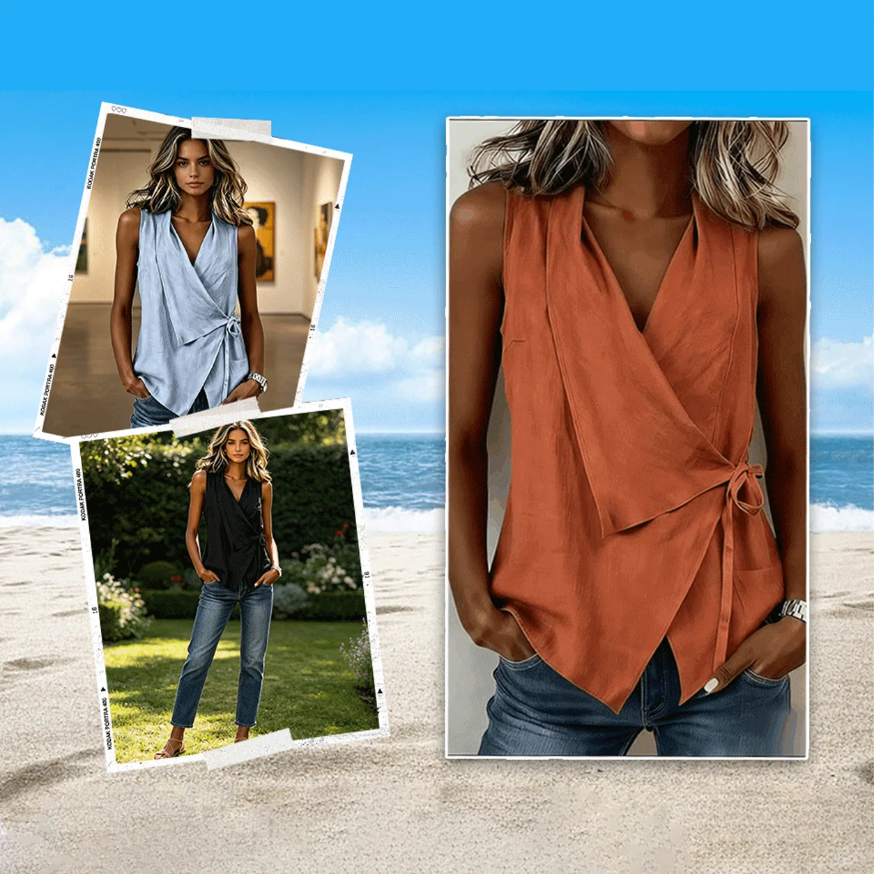 Crisscross Tie Cotton Linen Solid Tank Top - Image 3