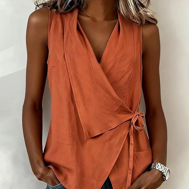 Crisscross Tie Cotton Linen Solid Tank Top - Image 4