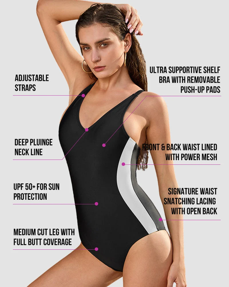 Plunge Lace-Up Corset Sculpting Swimsuit - Image 2