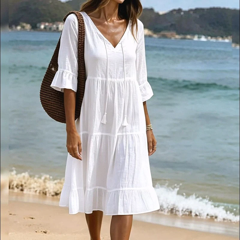 Flared Half Sleeve Tie Waist Dress - Image 4