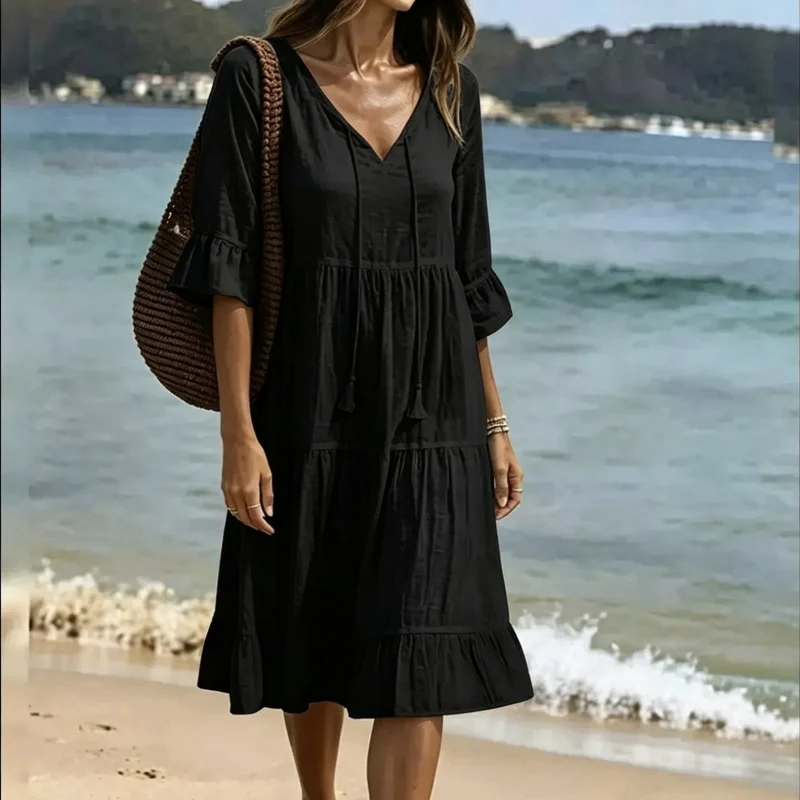 Flared Half Sleeve Tie Waist Dress - Image 5