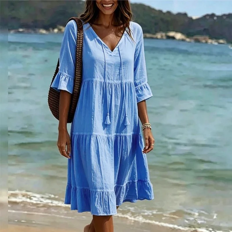 Flared Half Sleeve Tie Waist Dress - Image 6