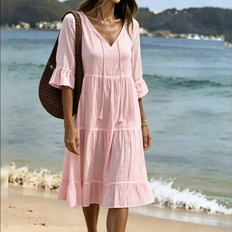 Flared Half Sleeve Tie Waist Dress - Image 7