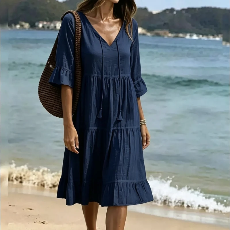 Flared Half Sleeve Tie Waist Dress - Image 8