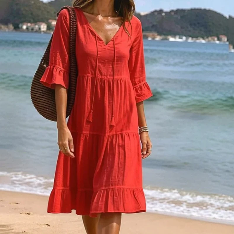 Flared Half Sleeve Tie Waist Dress - Image 9