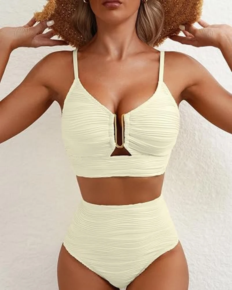 High Waisted Bikini Set Tummy Control 2 Piece Textured Swimsuit - Image 12