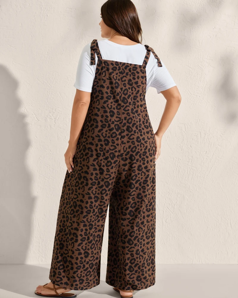 Leopard Print Jumpsuit with Shirred Shoulder Ties and Square Neck - Image 4