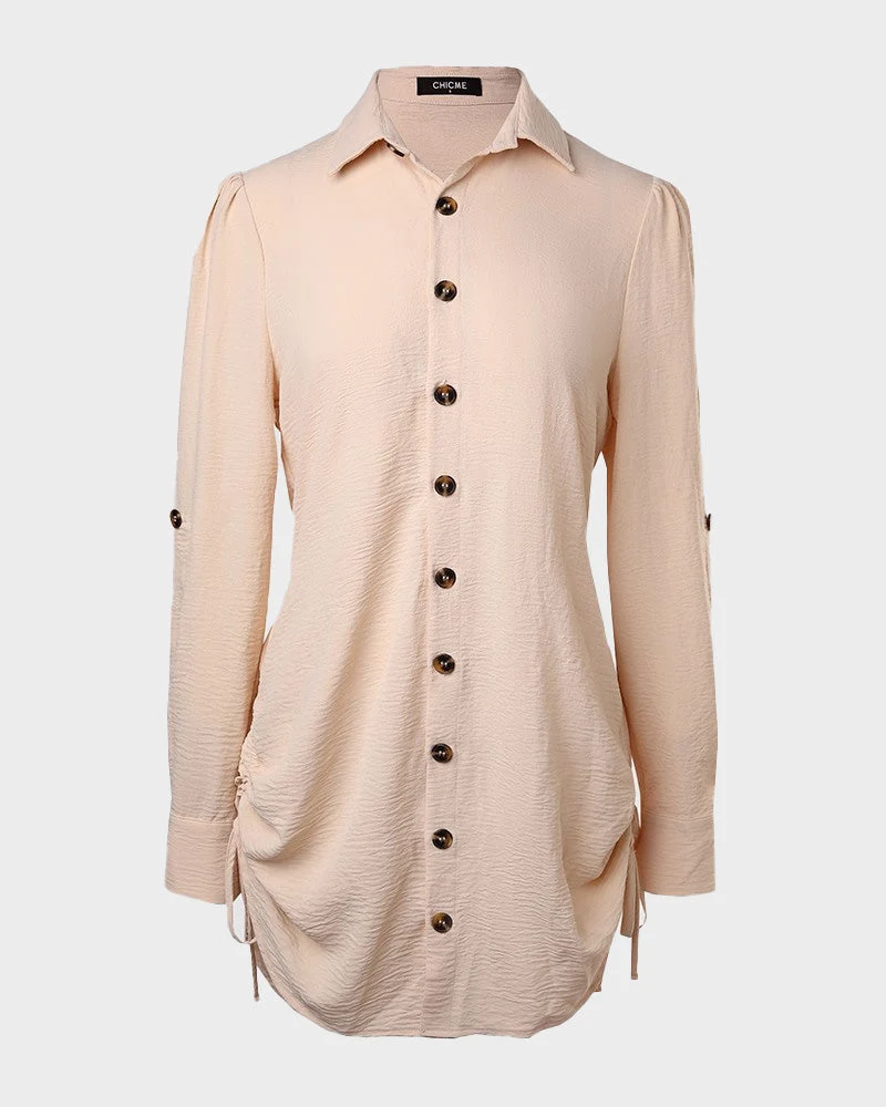 Long Sleeve Button Down Drawstring Shirt Dress - Image 35