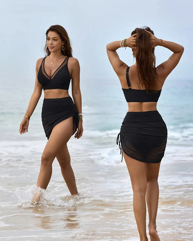 Mesh High Waisted Tummy Control Sarong Wraps Bikini Set - Image 13