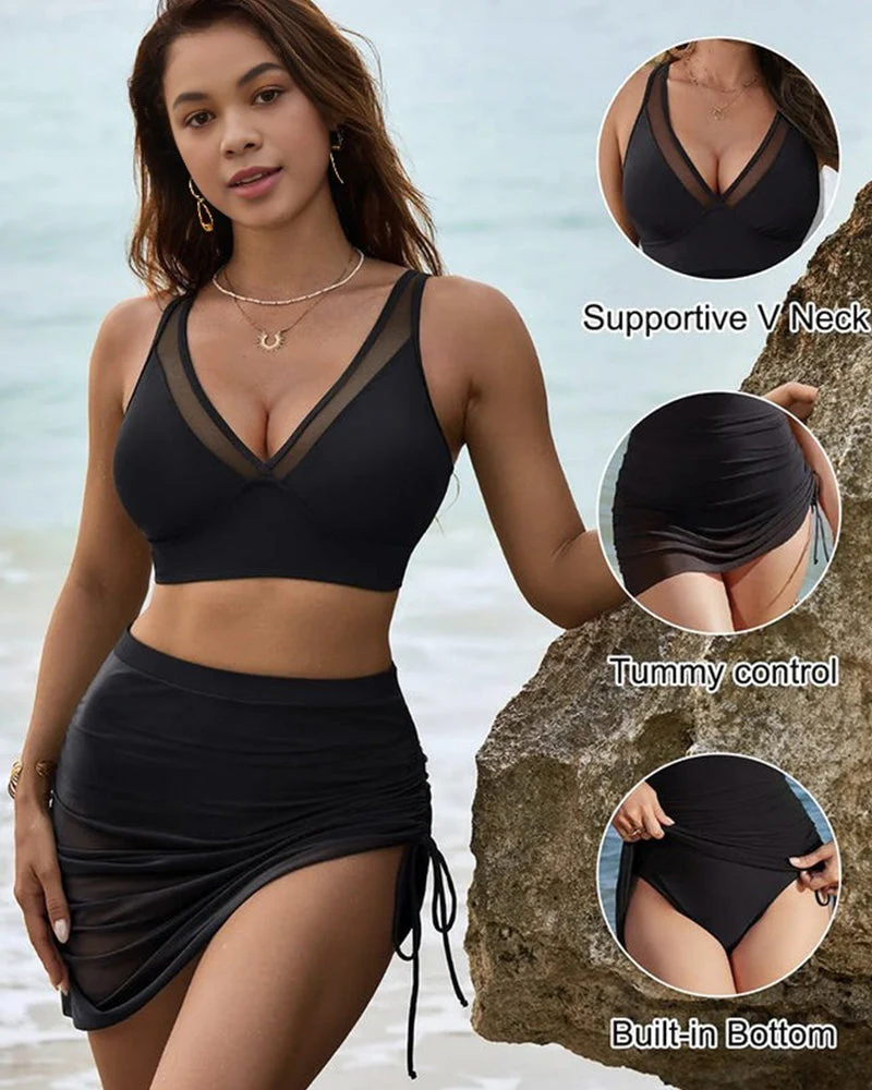 Mesh High Waisted Tummy Control Sarong Wraps Bikini Set - Image 14