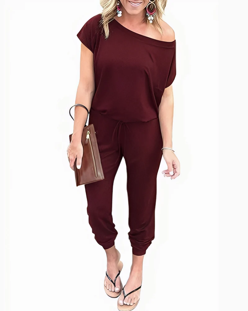 Off-Shoulder Short Sleeve Beam Foot Jumpsuit - Image 15