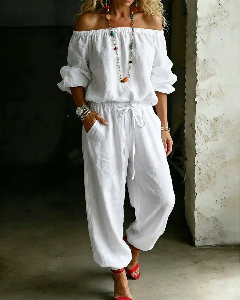 Off-Shoulder Tie Waist Cinched Waist Jumpsuit
