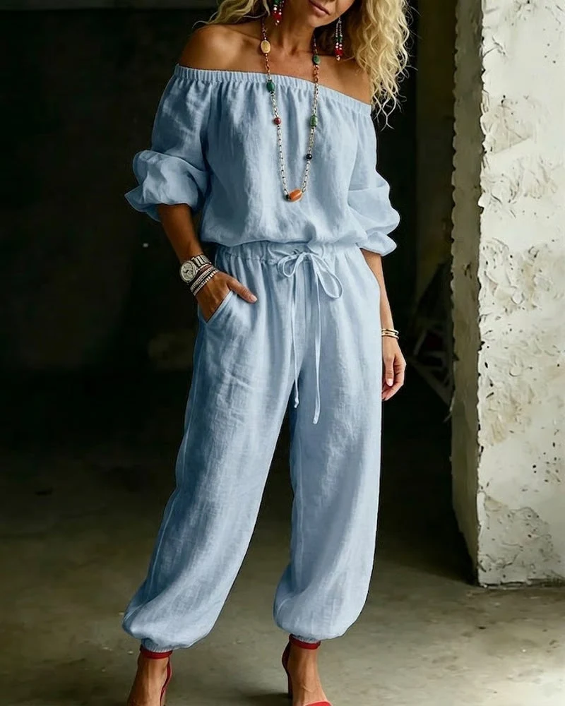 Off-Shoulder Tie Waist Cinched Waist Jumpsuit - Image 10