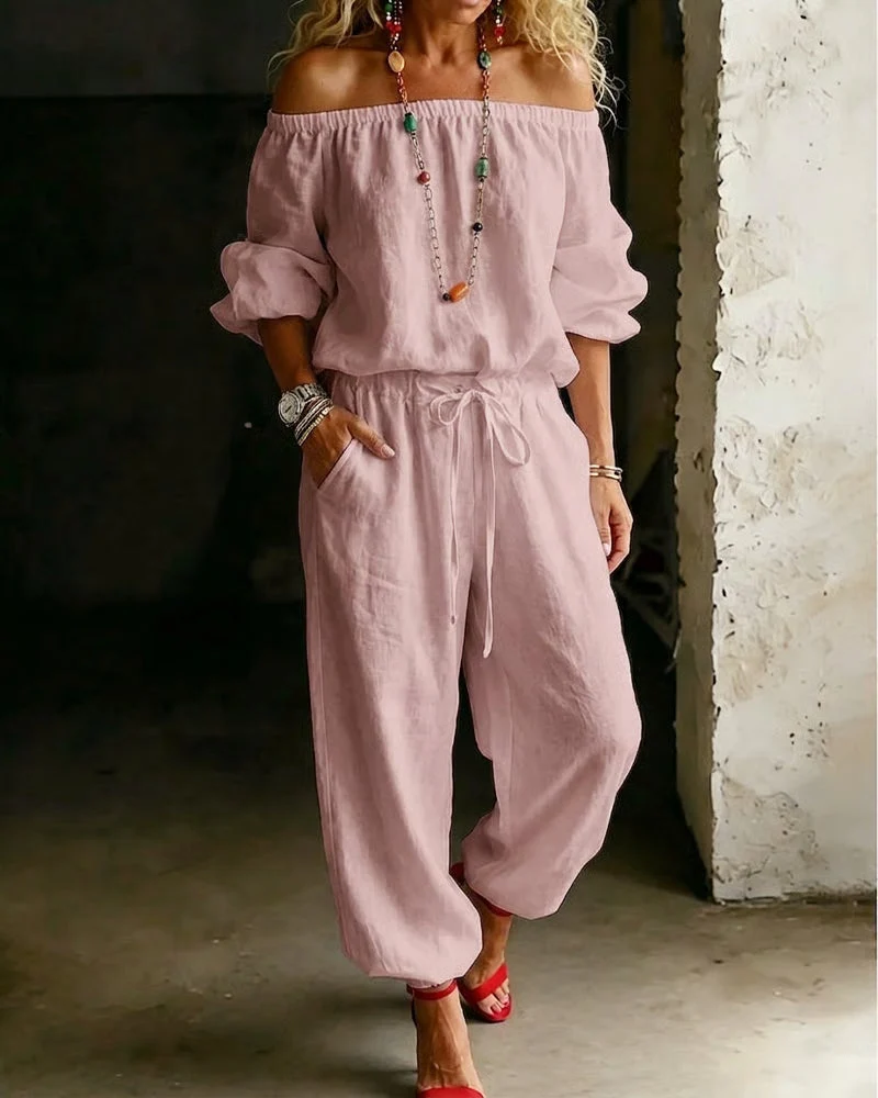 Off-Shoulder Tie Waist Cinched Waist Jumpsuit - Image 11
