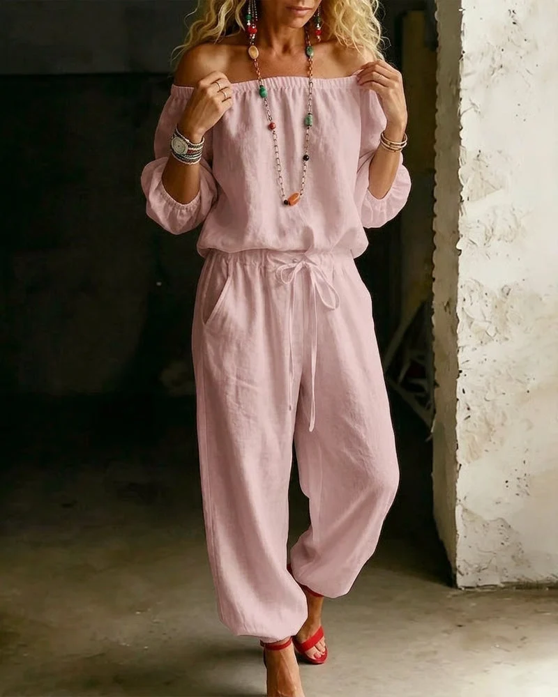 Off-Shoulder Tie Waist Cinched Waist Jumpsuit - Image 12