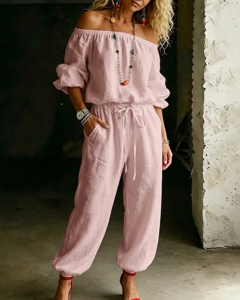 Off-Shoulder Tie Waist Cinched Waist Jumpsuit - Image 13