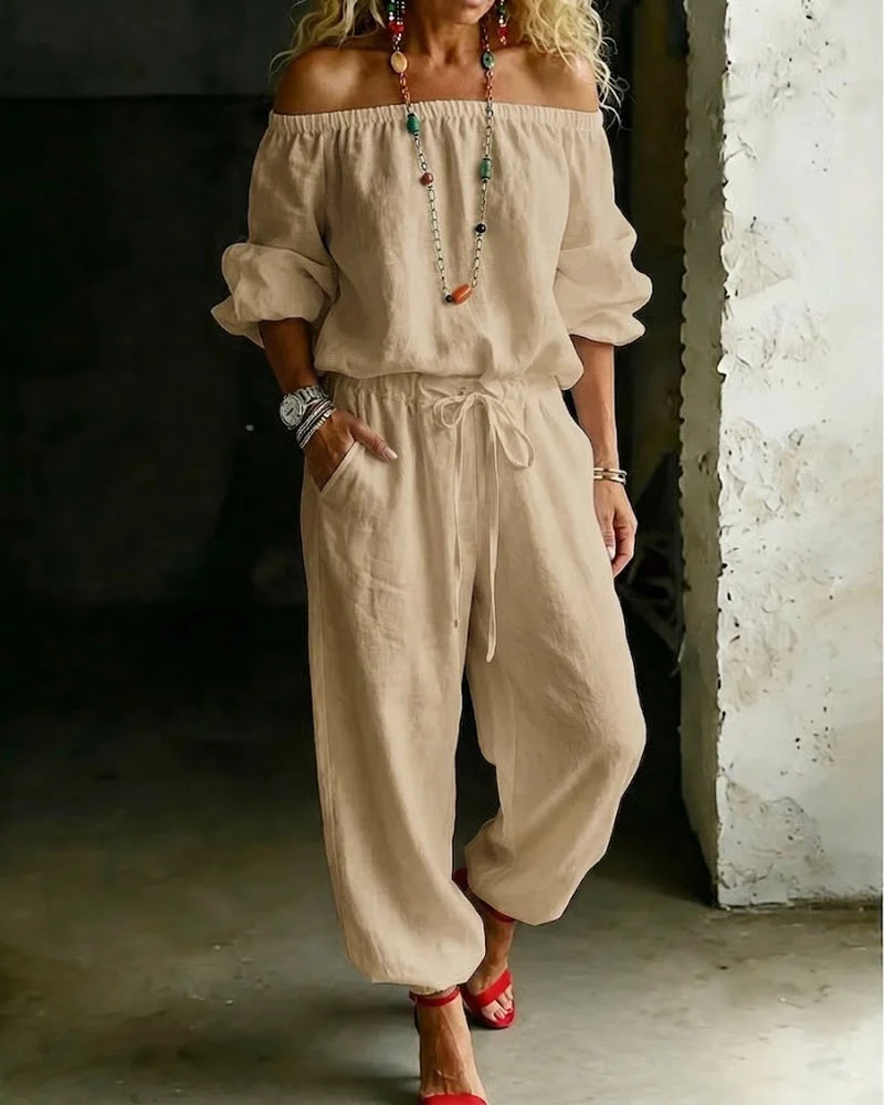 Off-Shoulder Tie Waist Cinched Waist Jumpsuit - Image 14