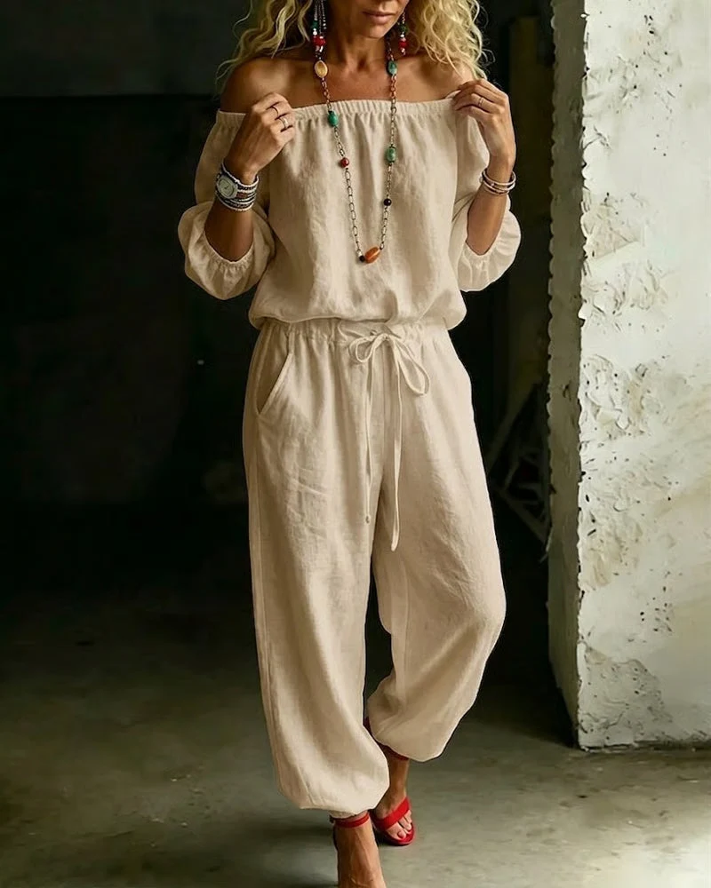 Off-Shoulder Tie Waist Cinched Waist Jumpsuit - Image 15