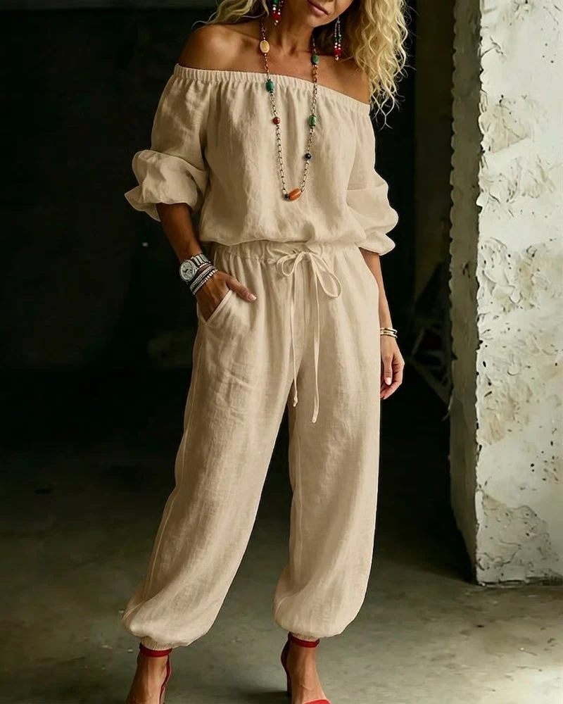 Off-Shoulder Tie Waist Cinched Waist Jumpsuit - Image 16