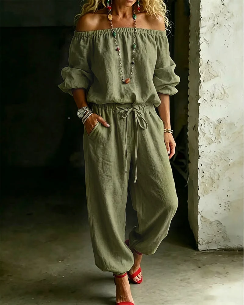 Off-Shoulder Tie Waist Cinched Waist Jumpsuit - Image 17