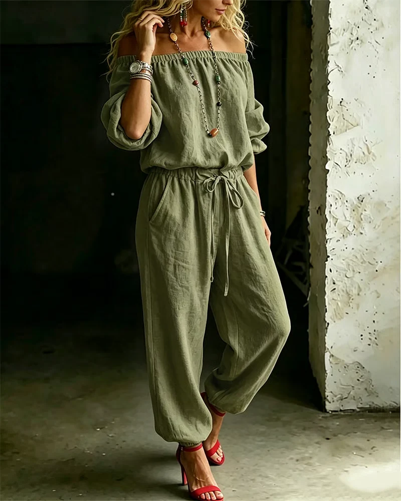Off-Shoulder Tie Waist Cinched Waist Jumpsuit - Image 18