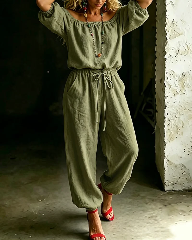 Off-Shoulder Tie Waist Cinched Waist Jumpsuit - Image 19