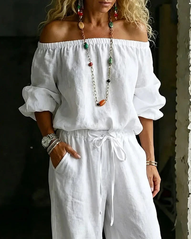 Off-Shoulder Tie Waist Cinched Waist Jumpsuit - Image 2