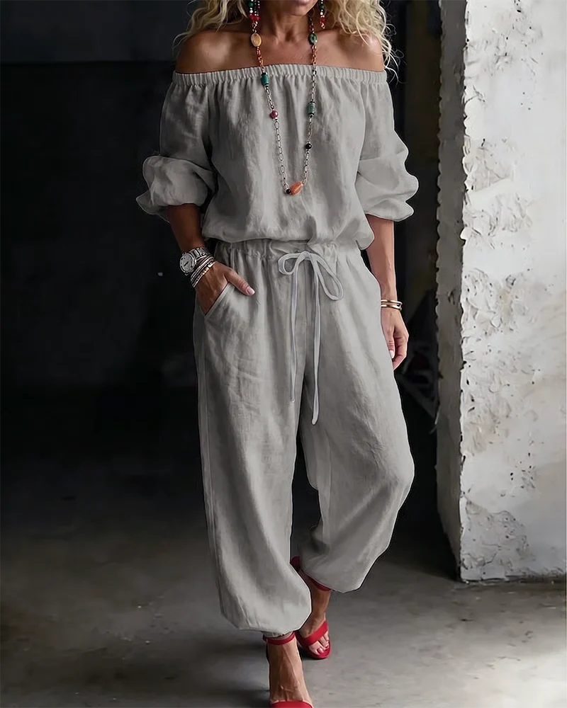 Off-Shoulder Tie Waist Cinched Waist Jumpsuit - Image 20