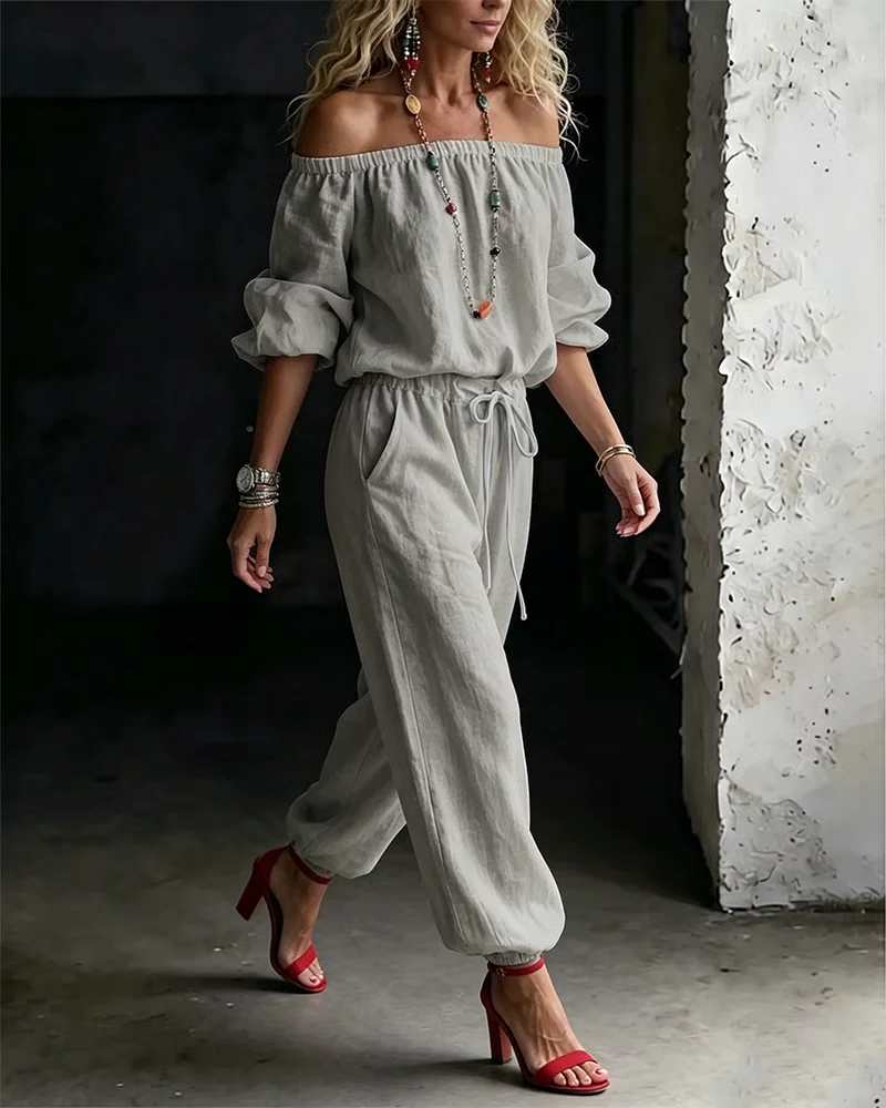 Off-Shoulder Tie Waist Cinched Waist Jumpsuit - Image 22
