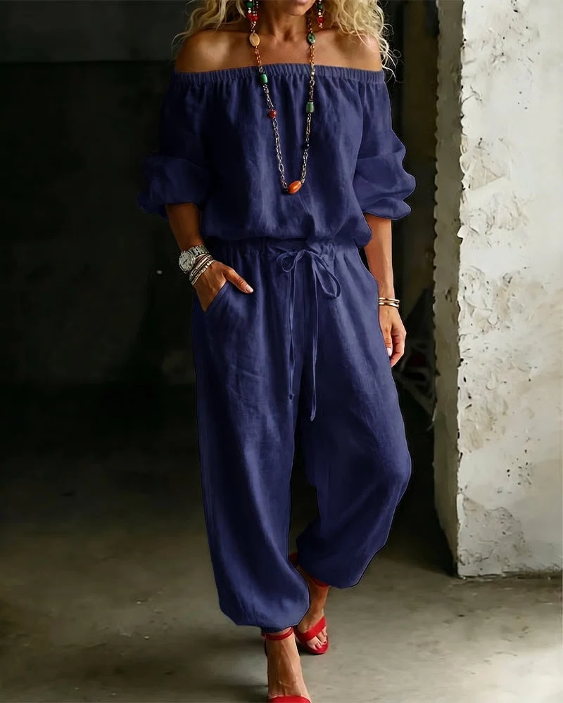 Off-Shoulder Tie Waist Cinched Waist Jumpsuit - Image 23