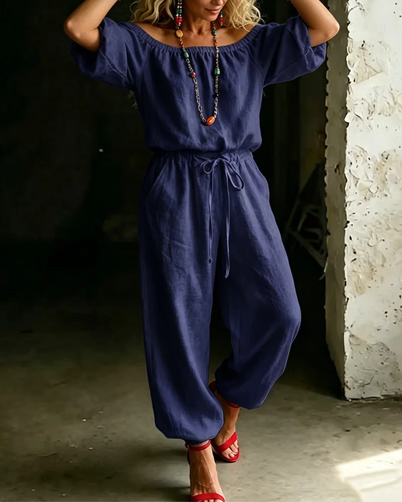 Off-Shoulder Tie Waist Cinched Waist Jumpsuit - Image 24