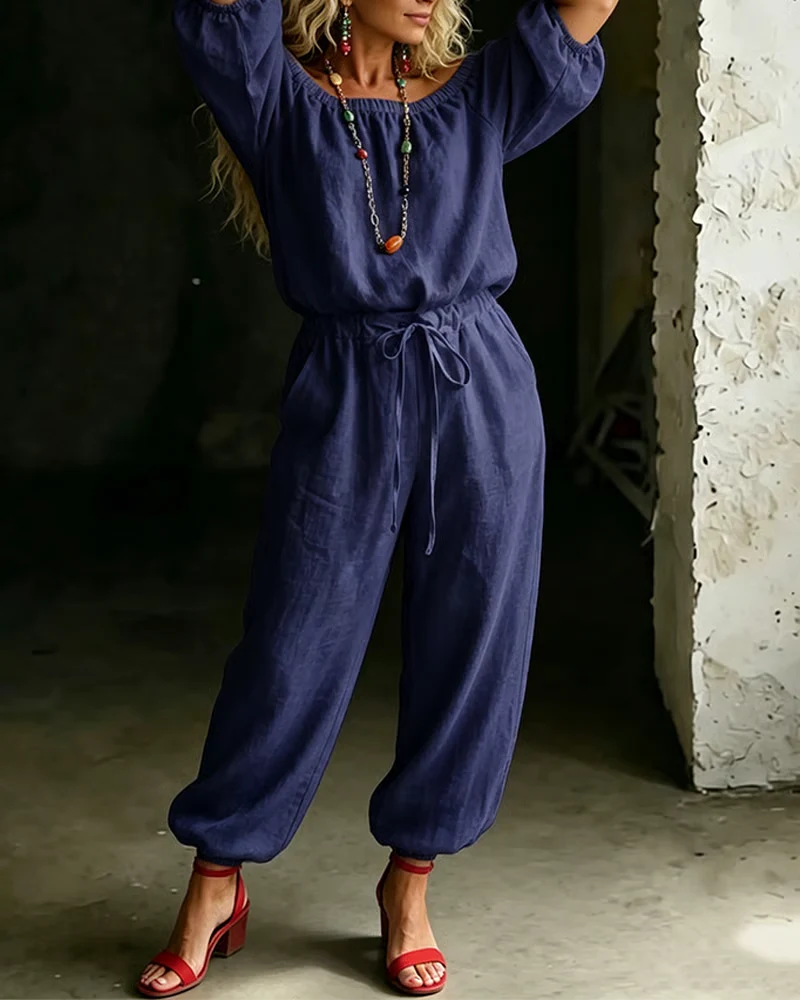 Off-Shoulder Tie Waist Cinched Waist Jumpsuit - Image 25