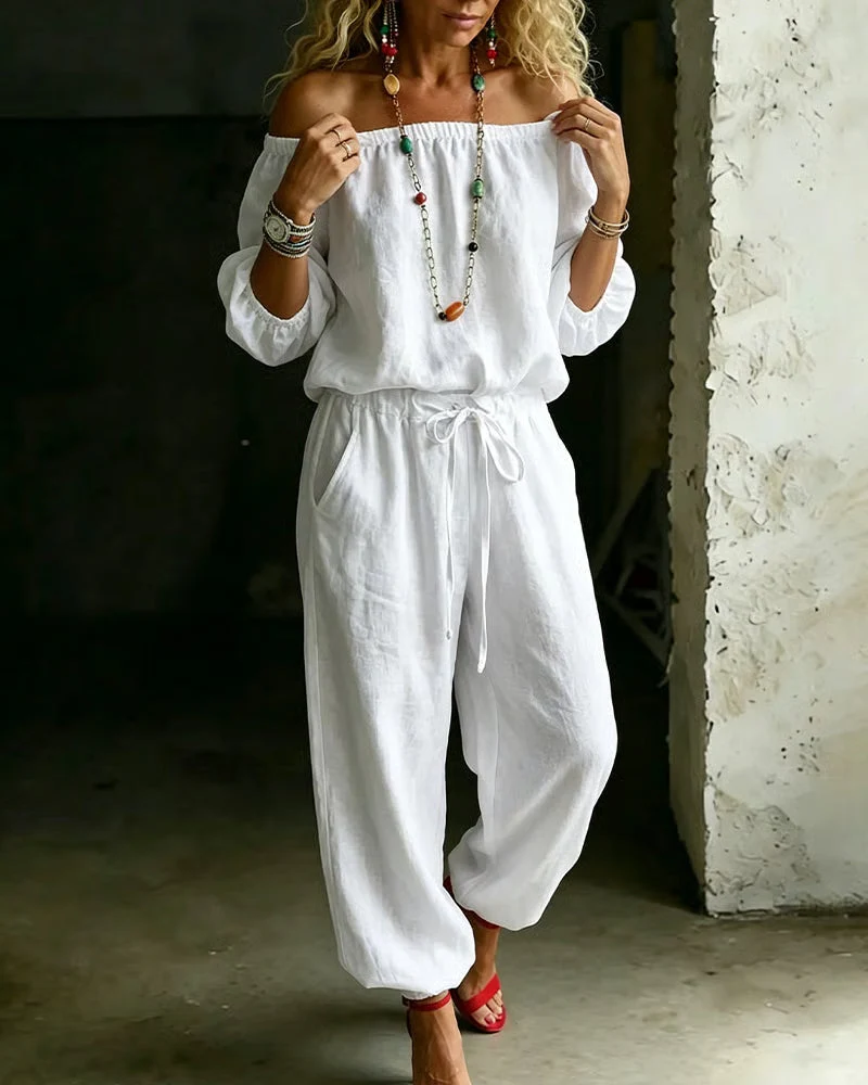 Off-Shoulder Tie Waist Cinched Waist Jumpsuit - Image 3