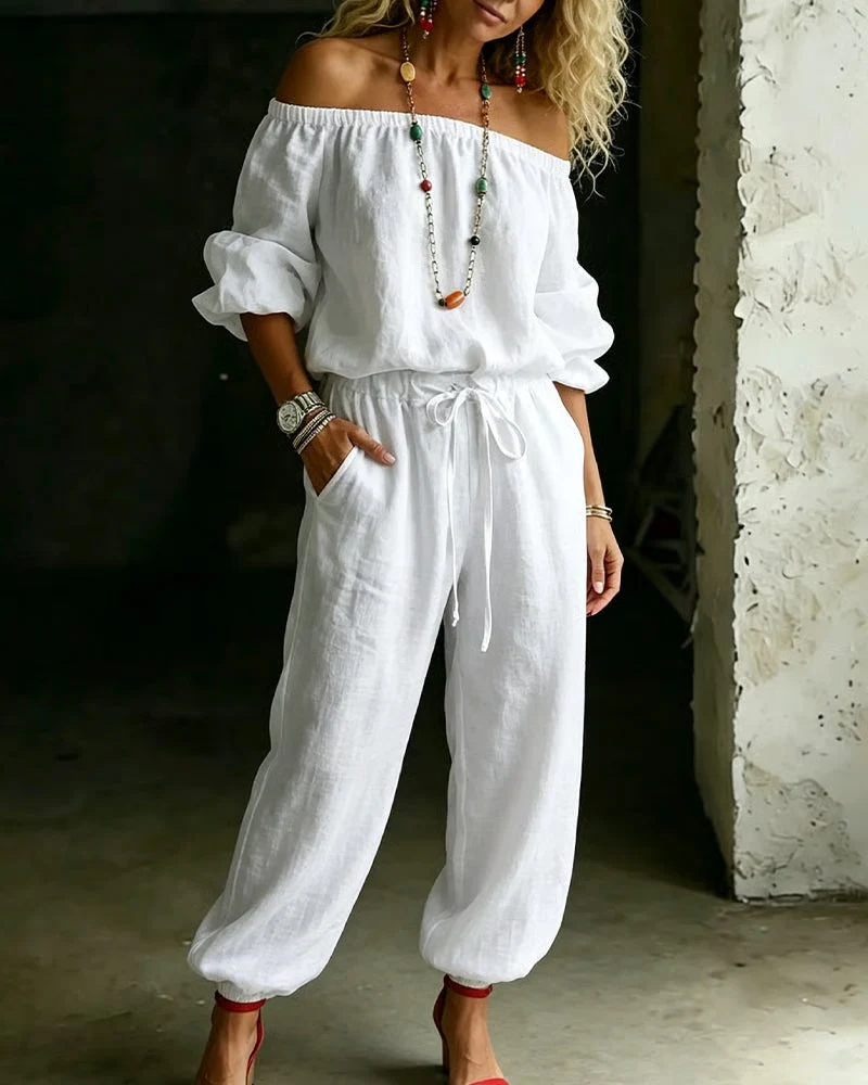 Off-Shoulder Tie Waist Cinched Waist Jumpsuit - Image 4