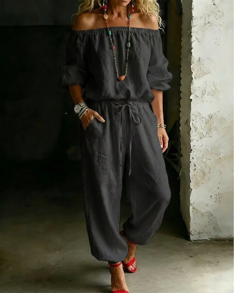Off-Shoulder Tie Waist Cinched Waist Jumpsuit - Image 5