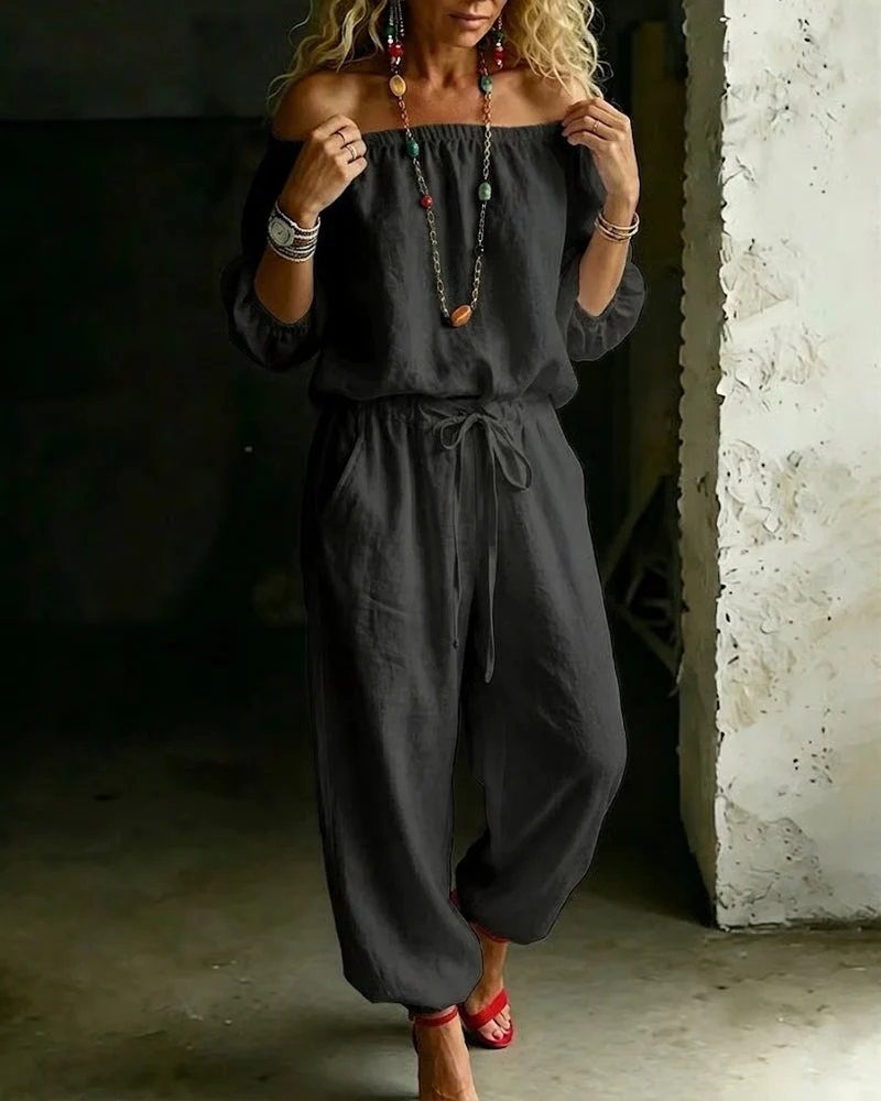 Off-Shoulder Tie Waist Cinched Waist Jumpsuit - Image 6