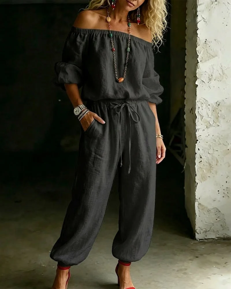 Off-Shoulder Tie Waist Cinched Waist Jumpsuit - Image 7