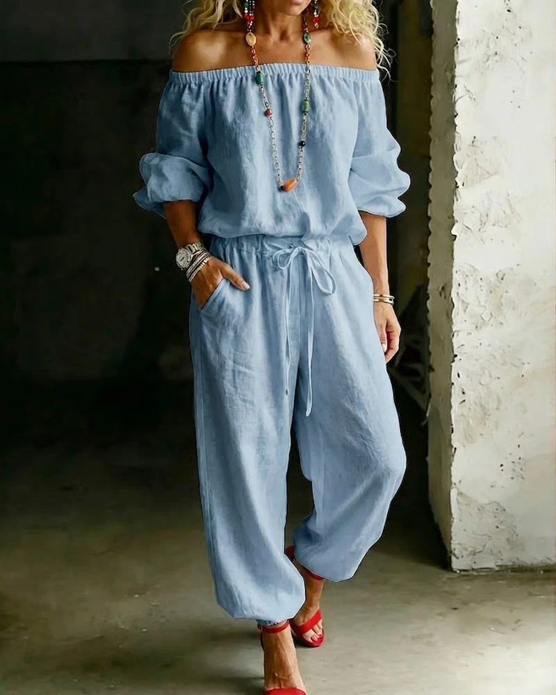 Off-Shoulder Tie Waist Cinched Waist Jumpsuit - Image 8