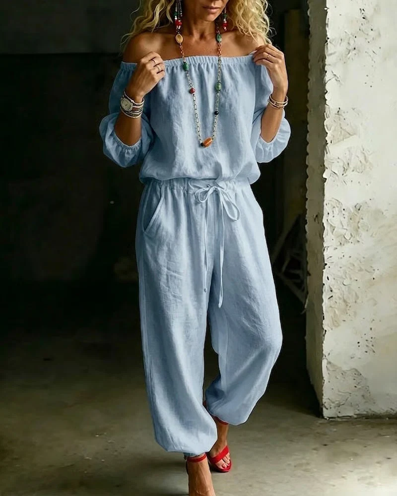 Off-Shoulder Tie Waist Cinched Waist Jumpsuit - Image 9