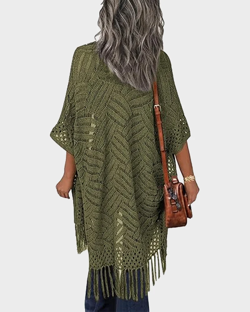 Women's Lightweight Crochet Cardigan Oversized Open Front Tassel Kimono - Image 10
